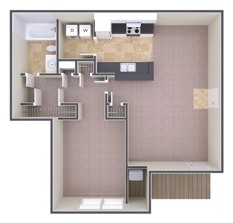 Floor plan for 1 bed, 1 bath, 661 sqft